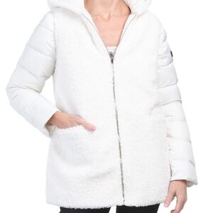 IVORY SAM EDELMAN, SIZE MED, MIX MEDIA FAUX SHERPA PUFFER COAT. LIKE NEW!